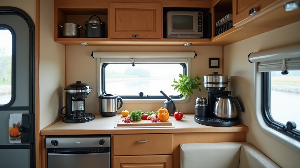 Compact RV kitchen showing multipurpose appliances, prep space, and neatly organized storage