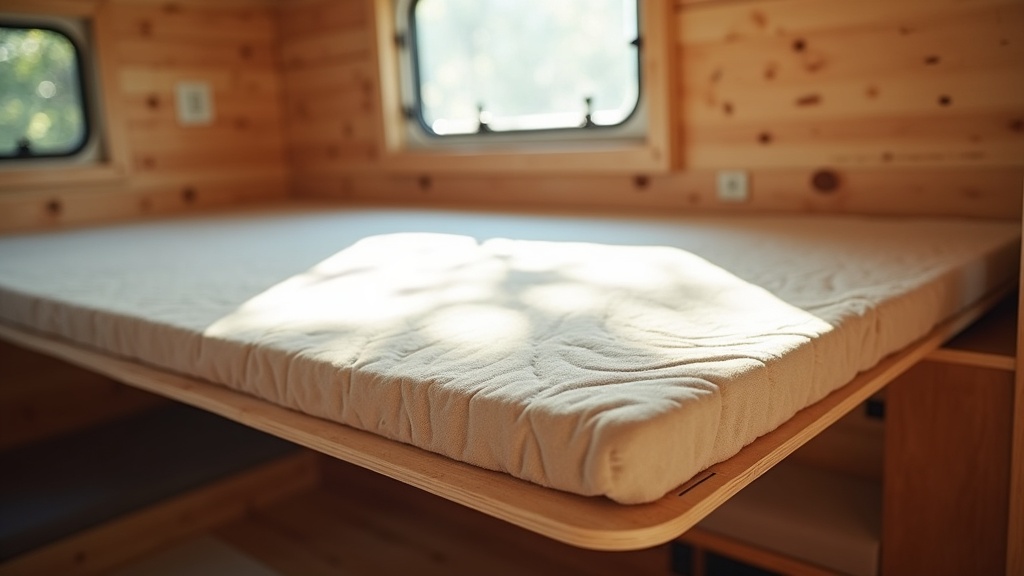 Thin, oddly-shaped RV mattress on a fitted plywood bed base inside a camper